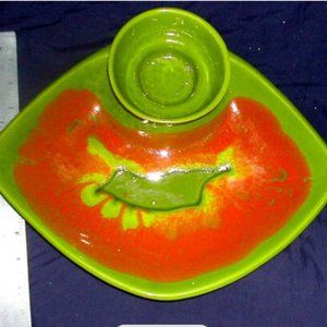 Vtg CALIFORNIA POTTERY Unique, Bold Sunsplash Color USA Chip/Dip BOWL- OOAC